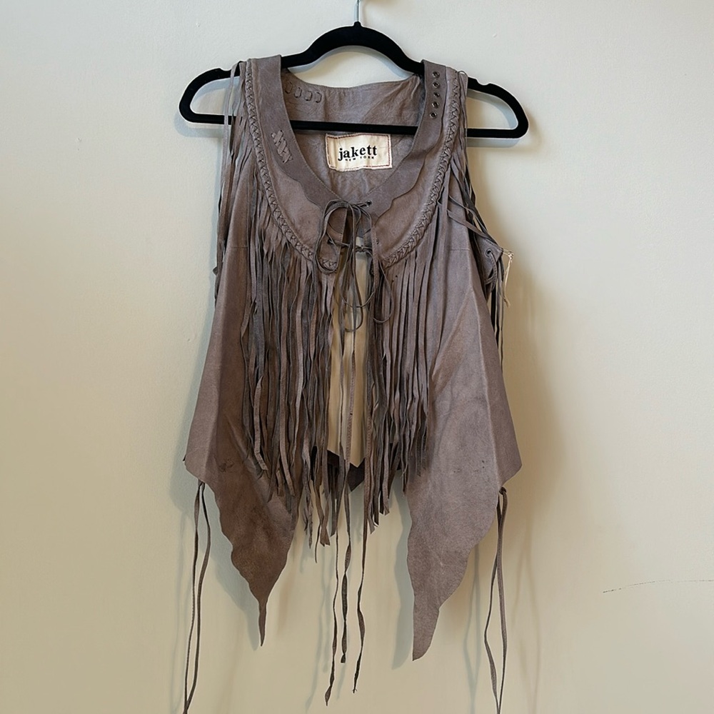 Grey fringe leather vest